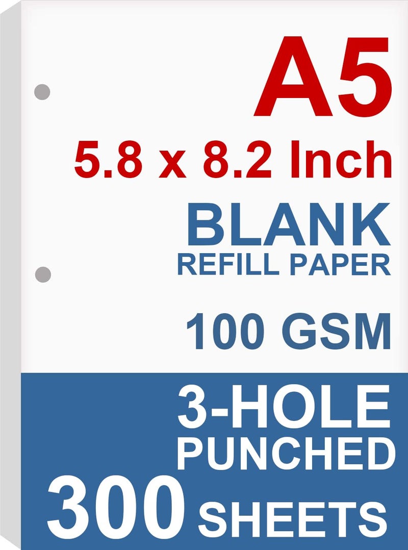 Nokingo (3-Pack) A5 Filler Paper  3 Hole Planner Refills  Organizer  Loose-leaf Binder Paper  Total 300 Sheets/600 Pages  100gsm  Blank  White Paper  5.8 x 8.2 Inch  3 Hole Filler Paper  Mini Binder Refills - Image 1
